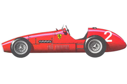 Феррари 500 (Ferrari 500) - 1952 (Италия). Изготовлен в 1951 году специально для гонок Формулы -2. Имел четырехцилиндровый двигатель мощностью 170 л.с. при 7200 об./мин, трубчатое шасси и задний мост типа «Де Дион». Альберто Аскари выиграл на этой машине шесть из семи гонок и проиграл только одному своему коллеге по команде Тарруффи. <br /> Феррари 500 (Ferrari 500) была автомобилем Формулы 2, разработанным Aurelio Lampredi.Чемпионаты мира автомобилей Гран при в 1952 и 1953 годах проходили по спецификации Формулы 2 с двухлитровыми двигателями. После ухода из гонок Alfa Romeo, команда Феррари (Ferrari) выглядела более уверенно и доминировала над остальными участниками в следующих сезонах, так как была единственной из команд, которая спроектировала автомобиль специально для этих правил. Чтобы облегчить для других изготовителей попадание на гонки правила были изменены, по-видимому для того, чтобы пошатнуть лидерство Феррари (Ferrari).