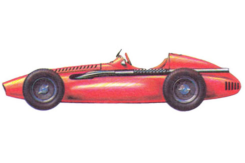 «Феррари 555 Сквало» (Ferrari 555 Squalo) - 1954 г. (Италия). Необычным в этой машине было боковое расположение бензобаков. На ней устанавливался четыпехцилиндровый двигатель (2480 куб. см), развивающий мощность 260 л.с. при 7200 об./мин. Майк Хоуторн выиграл на этом автомобиле «Гран-при» Испании в 1954 году.