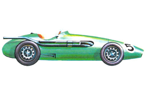 Коннот А (Connaught A) - 1955г. (Великобритания). На этом автомобили Брукс в 1955 году выиграл гонку Гран при в Сиракузах. Это был первый успех гоночного автомобиля с дисковыми тормозами. Хотя гонка не шла в зачет, победа стала большим успехом этой марки. Четырехцилиндровый двигатель (2470 куб.см) развивал мощность 250 л.с. при 6700 об/мин.