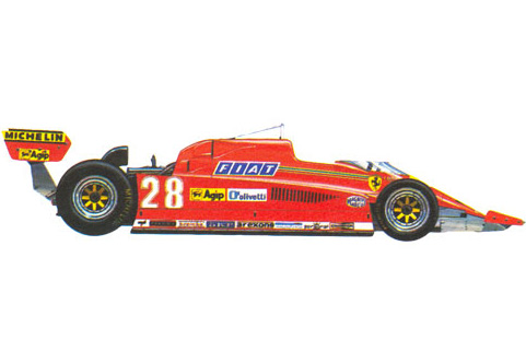 Ferrari 126 CK - 1981г. (Италия). Эта модель оснащалась шестицилиндровым турбодвигателем с цилиндрами, расположенными под углом 120 градусов. Еще до того, как Gilles Villeneuve выиграл на ней две гонки (в Монте-Карло и Испании), машина считалась потенциальным победителем. В 1982 году Ferrari 126 C2 уверенно шла к чемпионскому званию, но трагическая авария Villeneuve и Pironi развеяли все надежды.