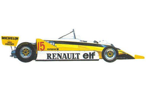Renault RE30 - 1981г. (Франция). В начале сезона считалось, что эту машину победить непросто. Несмотря, однако, на три победы Alain Prost на гонках Гран при во Франции, Голландии и Италии на то, что машина шесть раз стартовала с первой позиции, она все-таки значительно уступила Brabham и Williams. С 1979 года на Renault стали ставить турбокомпрессоры большой мощности.