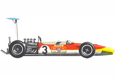 Lotus 49 B (Лотус 49B) - 1968 (Великобритания). Конструктором этого гоночного автомобиля был Colin Chapman. Был установлен новый двигатель «Ford Cosworth» (угол между цилиндрами 90 градусов, 8 цилиндров, 2995 куб.см). До 1983 года модель Lotus 49 B принесла компании Lotus много побед в Формуле 1. Впервые двигатель стал несущей частью автомобиля. Его мощность - 415 л.с. при 9200 об/мин. На этой машине Jim Clark выиграл три Гран при и одержал последнюю в своей карьере победу в 1968 году. В том же году Graham Hill второй раз стал на этом автомобиле чемпионом мира.