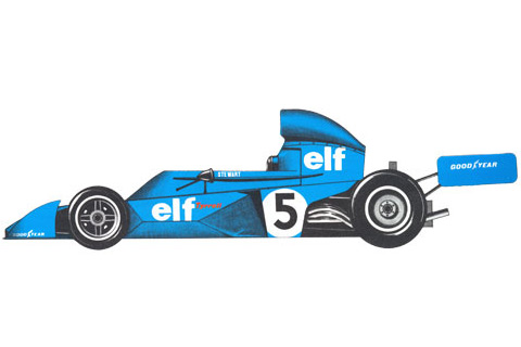 Tyrrell 007 - 1973г. (Великобритания). В то время двигатель Cosworth были приняты на вооружение всеми английскими командами. Tyrrell, на котором Jackie Stewartв 1973 году выиграл чемпионат мира, был довольно консервативен. Конструктор Derek Gardner.