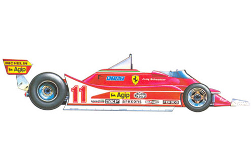 Ferrari 312T4 - 1979 (Италия). Модели Ferrari 312T4, созданной на базе Ferrari 312T3, пошли на пользу достижения в области аэродинамики. Победив в трех гонках Гран при, Jody Scheckter стал чемпионом мира, опередив канадца Gilles Villeneuve, который также одержал три победы.